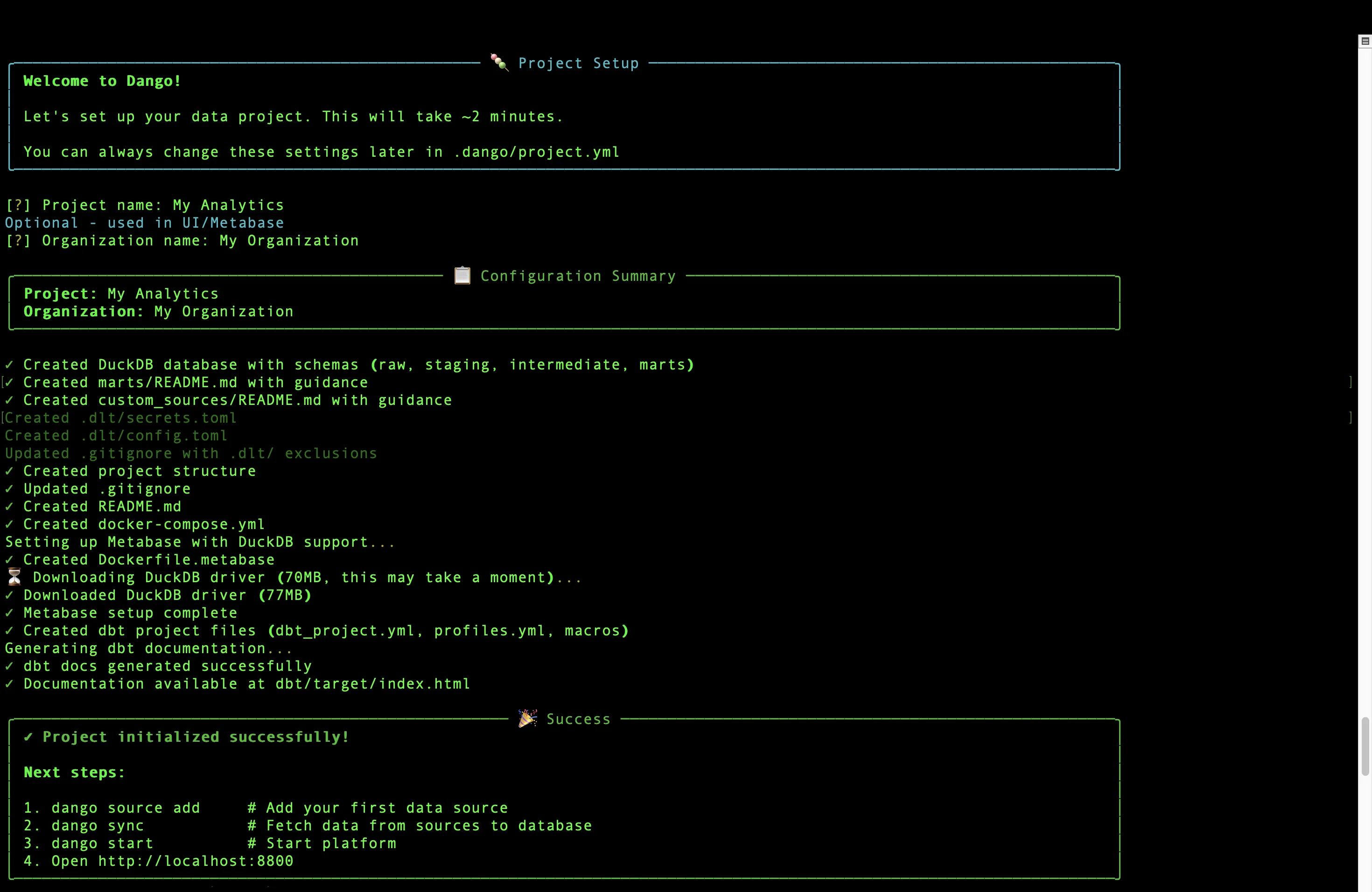 Dango CLI installation wizard showing guided project setup